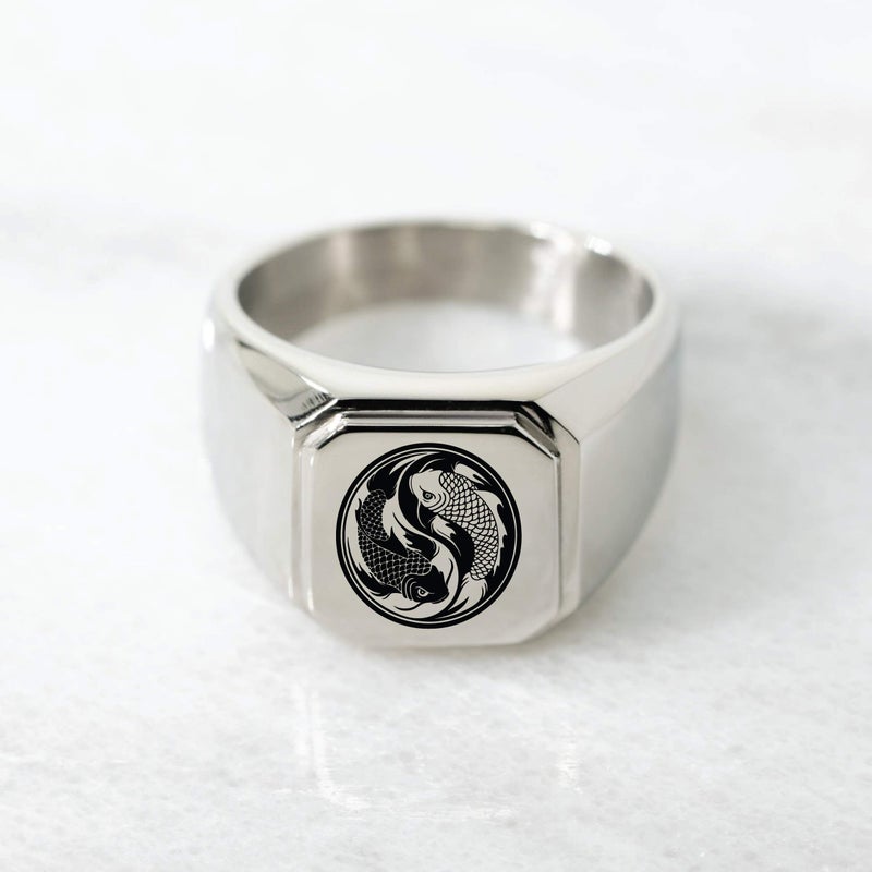Tioneer Jewelry | Stainless Steel Symbol Initial Ring | Square Flat Top Ring for Men & Women | Stainless Steel Jewelry, Silver - Koi Fish, Size 9 - Image 2